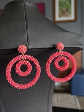 J. Crew Coral Pink Double Hoop Beaded Earrings